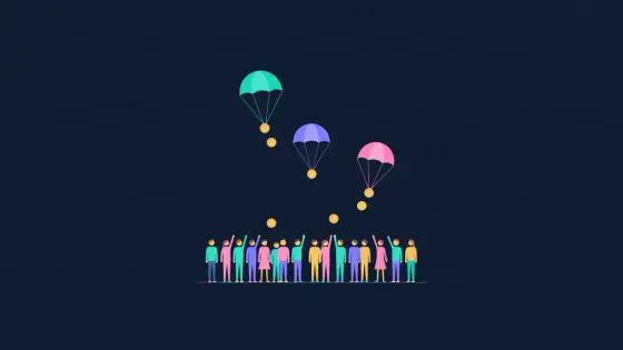Parachutes carrying coins down toward a small crowd