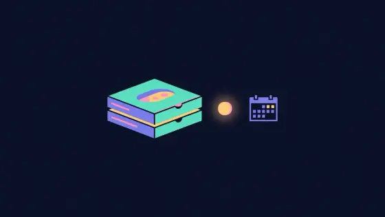 Two pizza boxes beside a glowing coin and a calendar