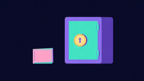Small disposable wallet beside a large locked vault