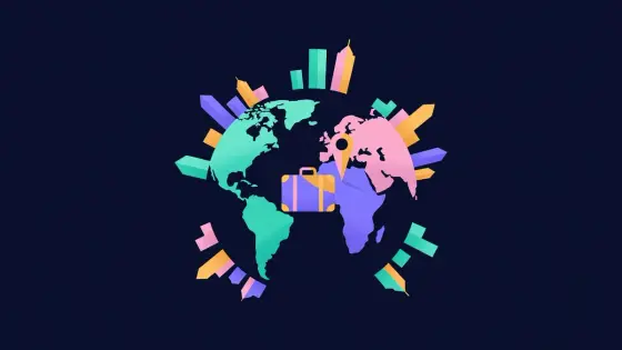 Suitcase beside a map pin on a globe surrounded by city skylines