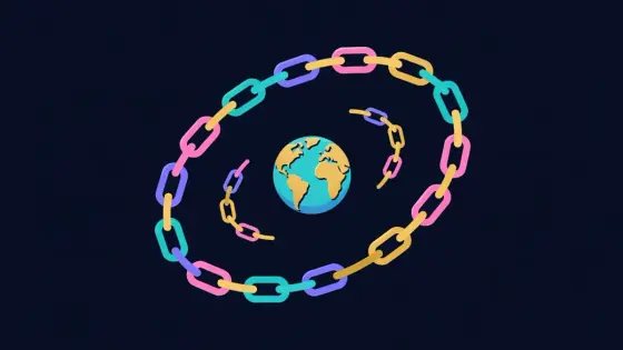 Colored chain links orbiting a small globe