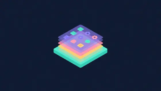 Translucent layers stacked above a base platform with app icons