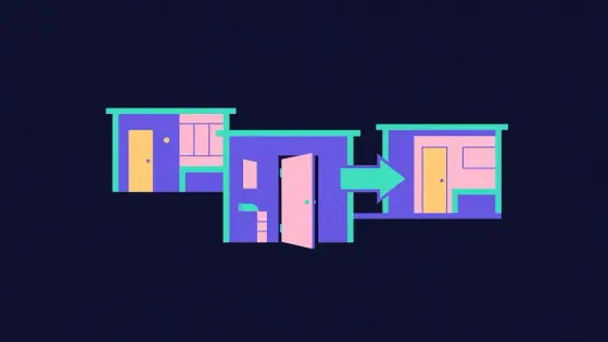 Small rooms with one door closing and a sign pointing to a busier room