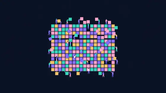 Large pixel canvas painted by tiny figures holding colored squares