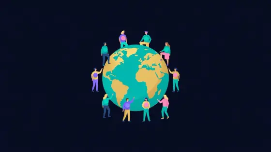 Small figures with colored badges gathered around a globe