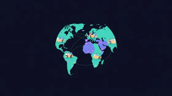 Small groups at tables in several cities linked on a globe
