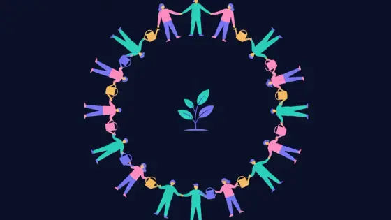 Plant growing from a circle of people holding watering cans