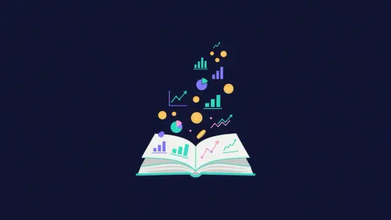 Open book with small charts and coins rising from the pages