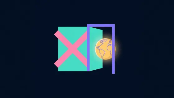 Crossed-out paper advert next to an open door showing a glowing globe