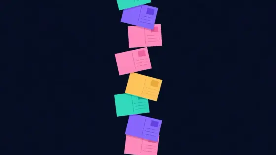 Vertical chain of connected post cards topped by a megaphone