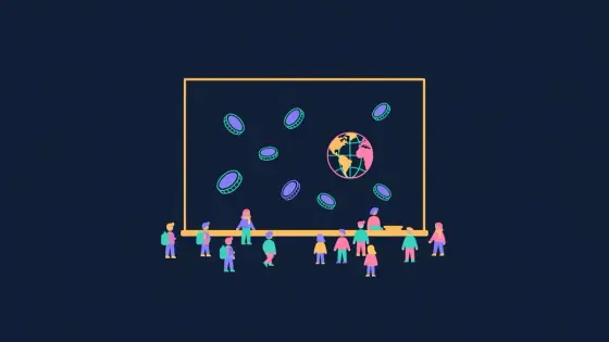 Chalkboard with coin and globe doodles and a group of learners