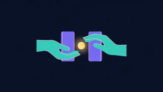 Two phone screens passing a glowing coin between them