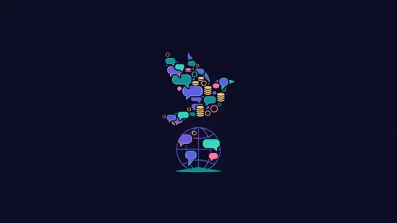 Bird silhouette made of speech bubbles and coins flying over a globe