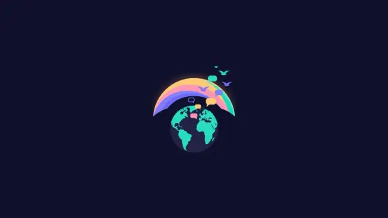 Sunrise over a small globe with speech bubbles rising like birds