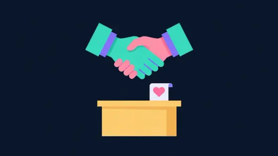Handshake above a shop counter with a receipt and a heart icon