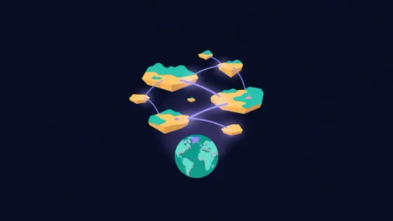 Floating plots of land connected by glowing bridges above a globe
