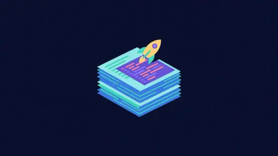 Stack of documentation pages with a code card and rocket bookmark