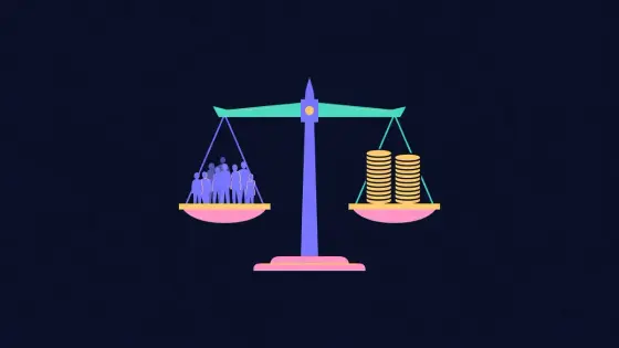 Balance scale weighing a small crowd against a stack of coins
