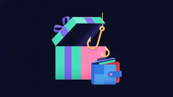 Gift box with a hidden fishing hook dropping into a wallet