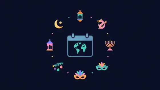 Calendar page with festive icons from different cultures around a globe