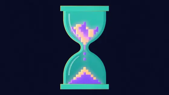 Hourglass filled with glowing pixel blocks instead of sand