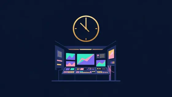 Control room with chart screens and a large clock