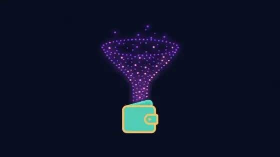 Funnel of glowing dots flowing into a wallet icon