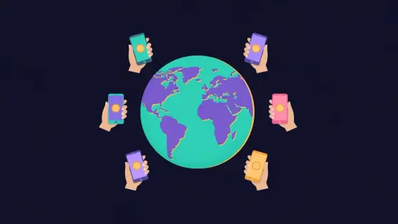 Smartphones held in different hands around a globe, each showing a coin