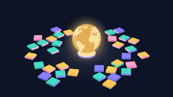 Blank letter tiles scattered around a small glowing globe