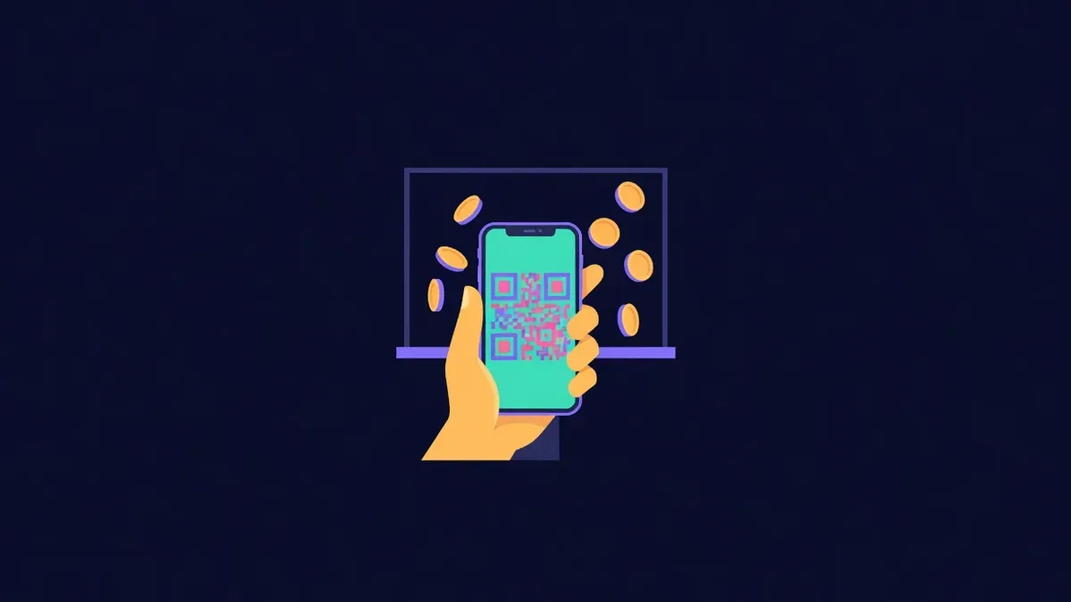 Phone showing a payment QR code in front of a small billboard with floating coins