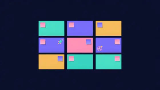 Three column planning board with sticky notes, a rocket and a target