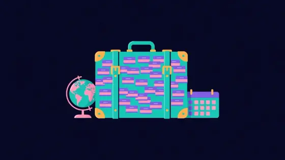 Suitcase with badge stickers next to a globe and a calendar