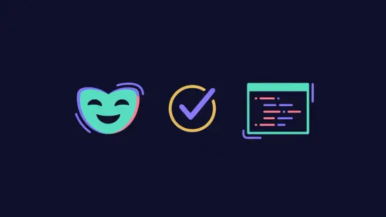Friendly mask icon beside a verified checkmark and a code window