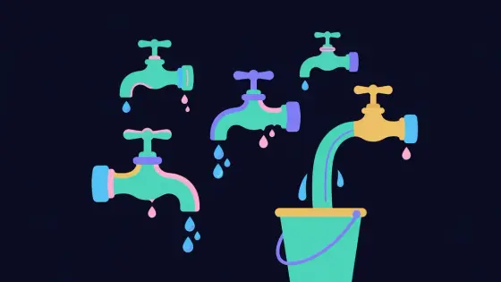 Row of taps with one dripping and one flowing into a bucket