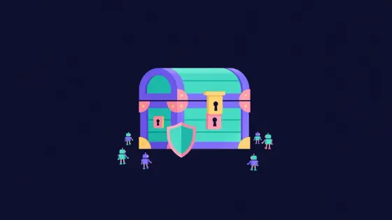 Treasure chest guarded by a shield while robot figures are turned away