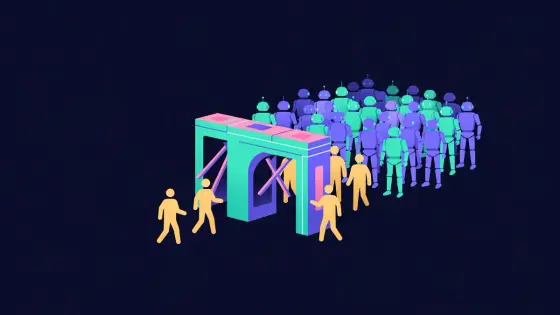 Turnstile letting figures through one by one while bots wait