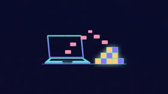Laptop sending envelope shaped requests to a stack of glowing blocks