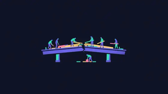 Small figures repairing a cracked bridge with new planks