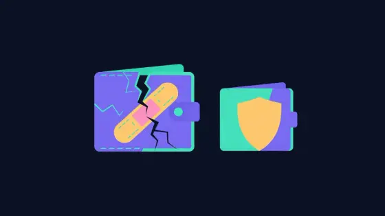 Cracked wallet being patched beside a new shielded wallet