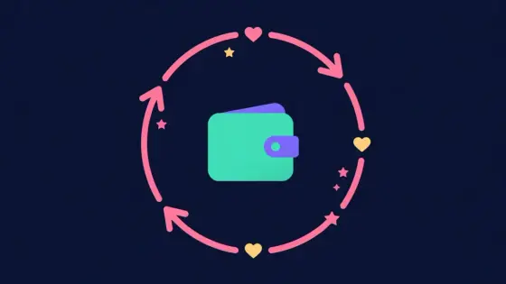 Circular arrow looping around a wallet with hearts and stars