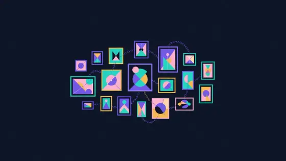 Gallery wall of framed geometric art linked by thin chains