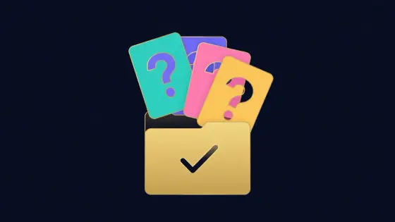 Question mark cards sorted into a tidy folder with a checkmark