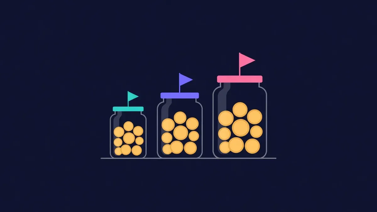 Three jars of coins in different sizes, each topped with a small flag