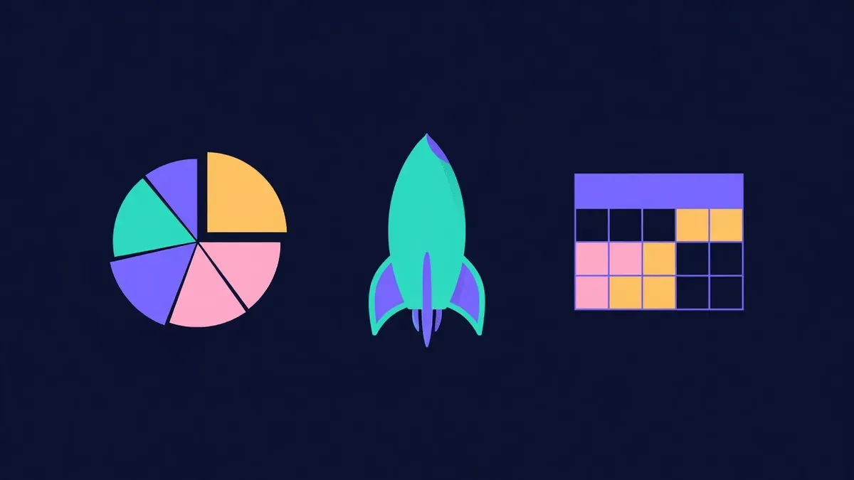 Flat pie chart beside a rocket outline and a calendar page