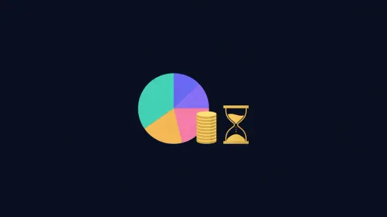 Pie chart of token allocations next to coins and an hourglass