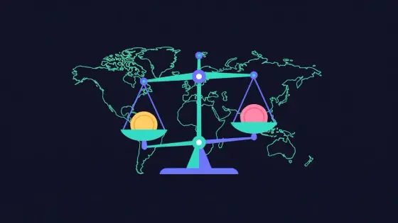 Two different coins balanced on a scale in front of a world map