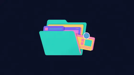 Open folder with logo cards and screenshots sliding out