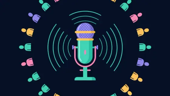 Microphone with sound waves circling small listening figures
