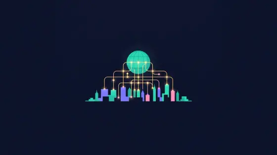 City skyline with glowing network lines rising to a globe