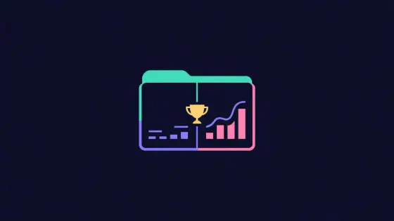 Open folder with a before and after chart and a small trophy
